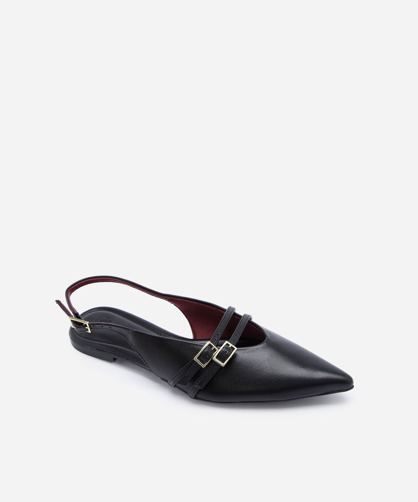 sapatilha slingback feminina de bico fino com tiras e fivelas em napa preta