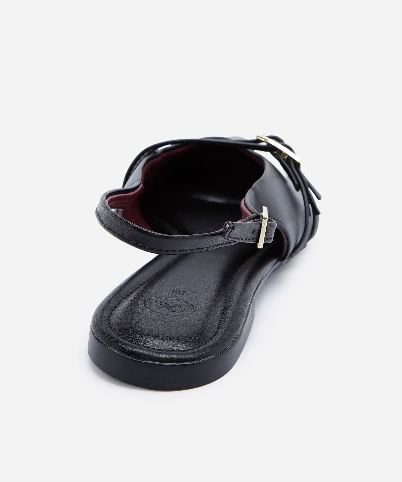 sapatilha slingback feminina de bico fino com tiras e fivelas em napa preta