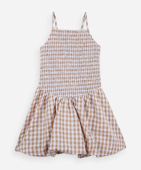 vestido balonê infantil com lastex alça fina xadrex bege