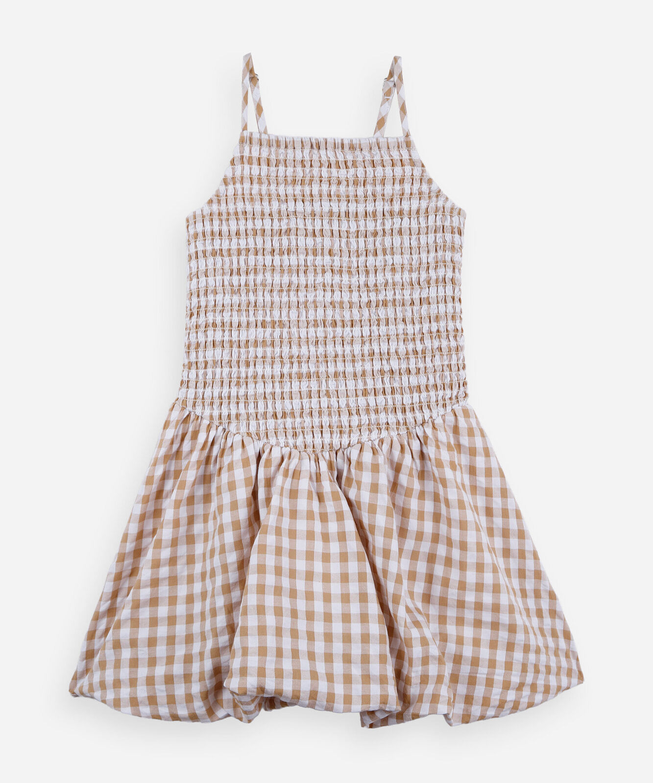 vestido balonê infantil com lastex alça fina xadrex bege