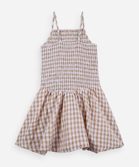 vestido balonê infantil com lastex alça fina xadrex bege