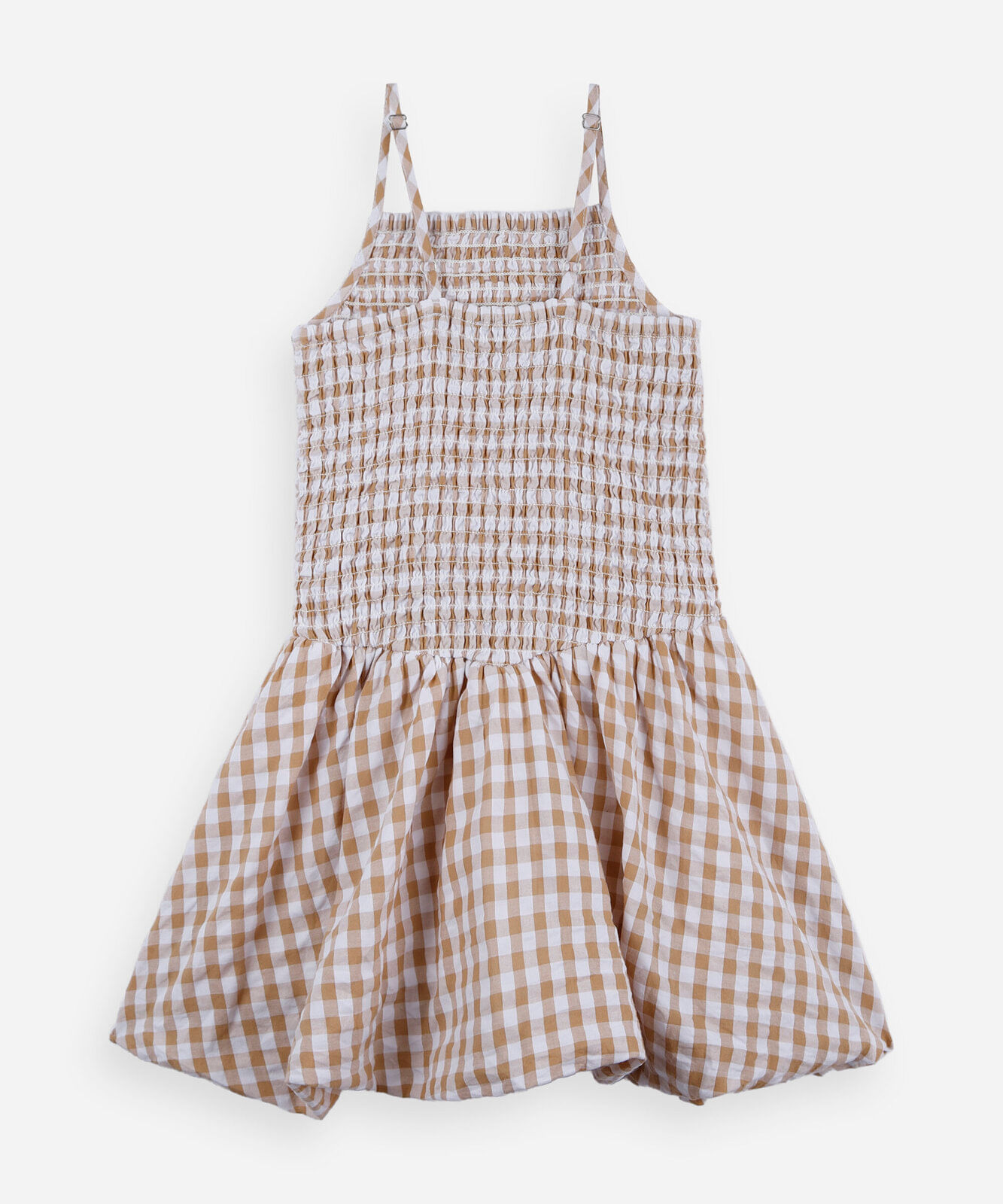 vestido balonê infantil com lastex alça fina xadrex bege