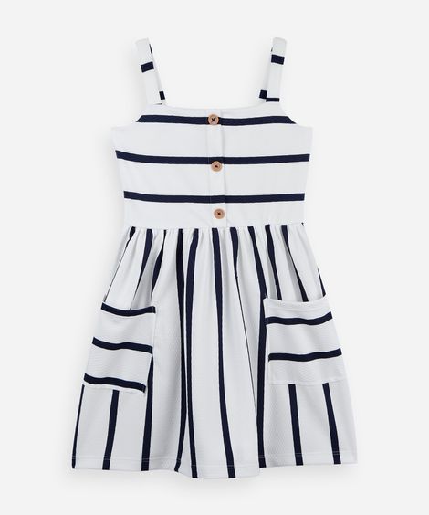 vestido infantil listrado com bolso azul