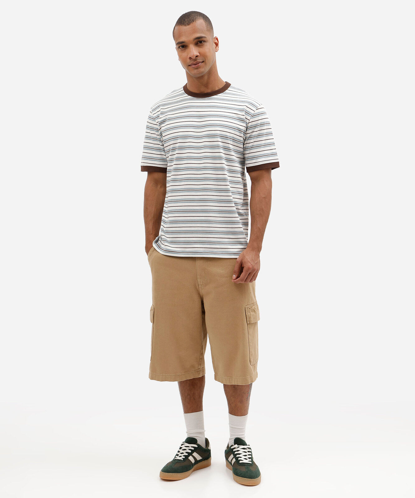 camiseta listrada masculina comfort em algodão  marrom