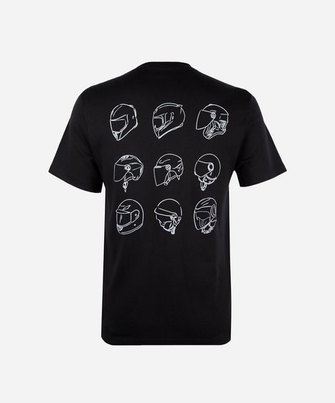 camiseta masculina comfort com estampa de capacetes nas costas preta