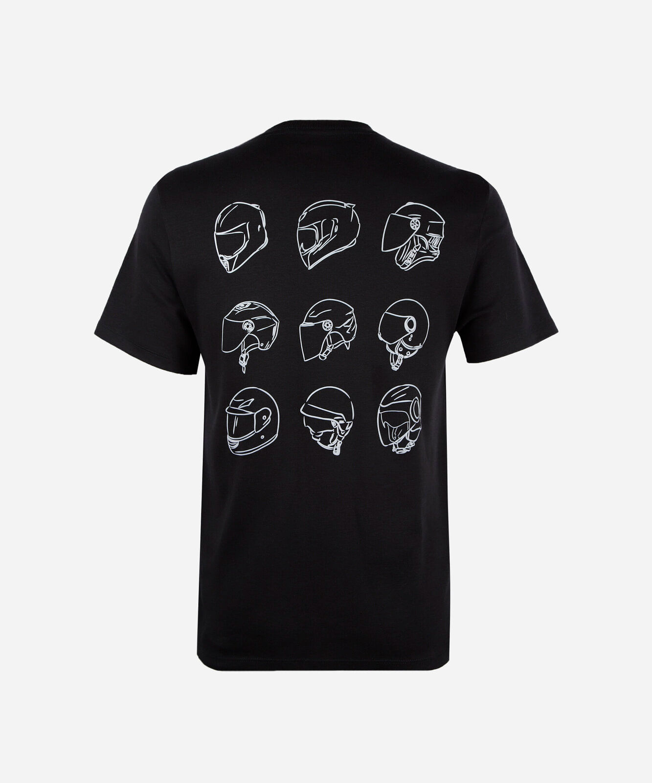 camiseta masculina comfort com estampa de capacetes nas costas preta