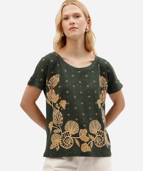 blusa feminina de algodão manga curta estampado verde