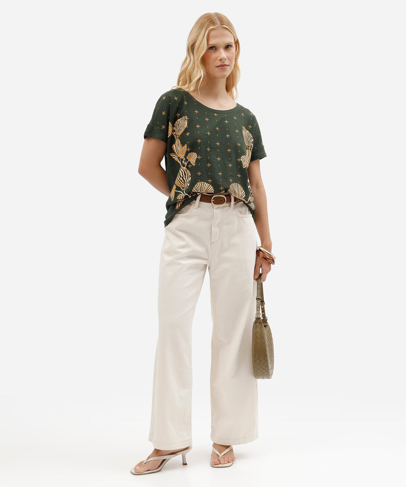 blusa feminina de algodão manga curta estampado verde