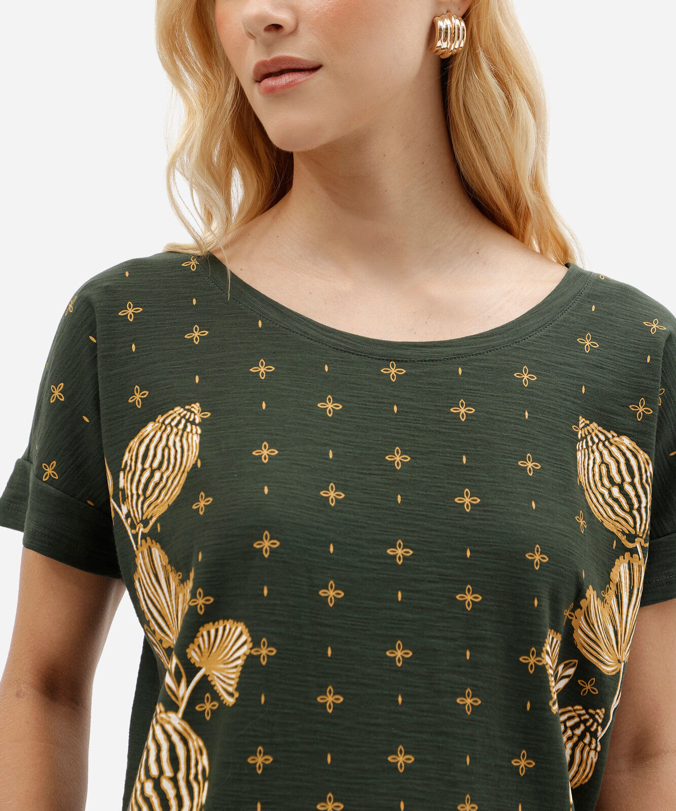 blusa feminina de algodão manga curta estampado verde