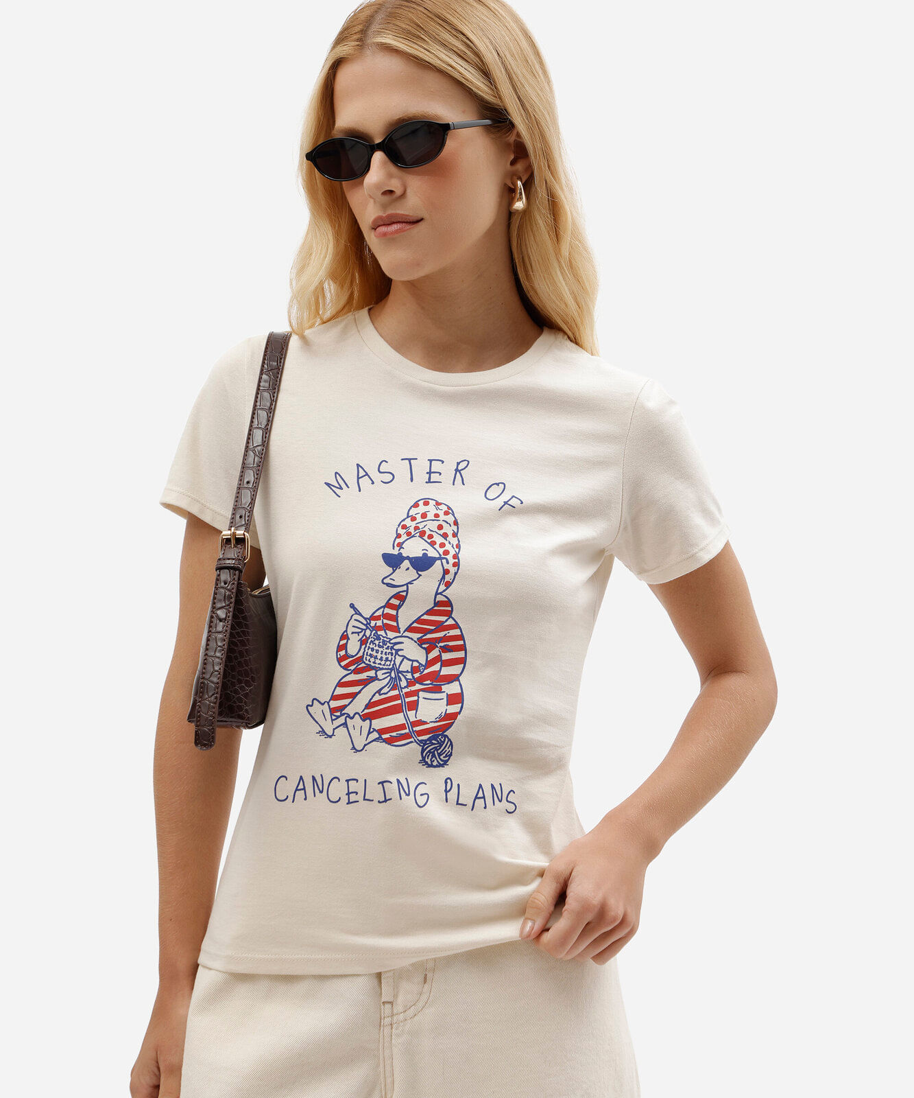 camiseta slim feminina de algodão estampada bege