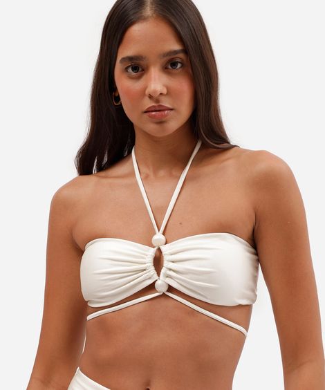 top de biquíni frente única com argola frontal e proteção uv off white
