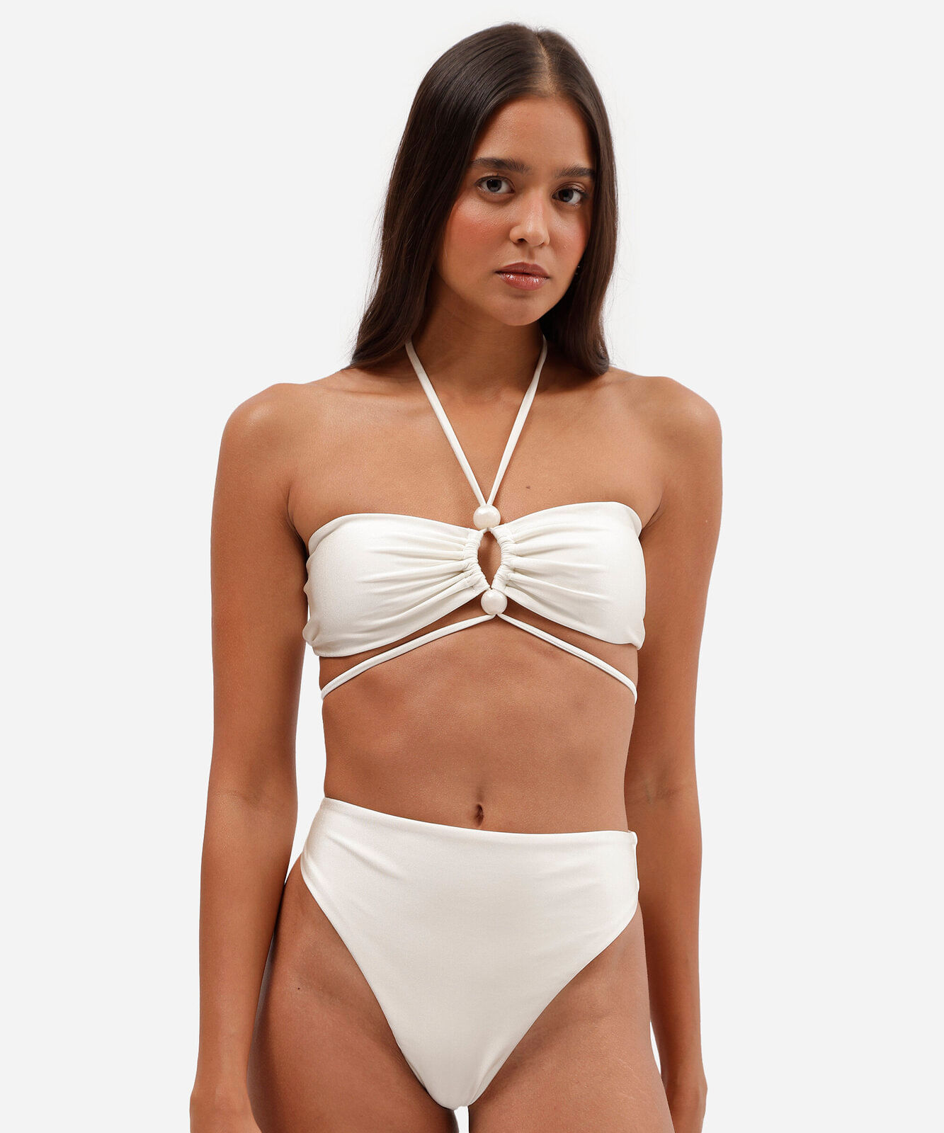top de biquíni frente única com argola frontal e proteção uv off white