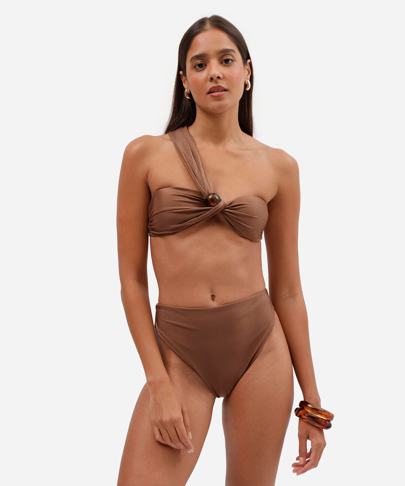 calcinha de biquíni feminina hot pants acetinada com proteção UV marrom