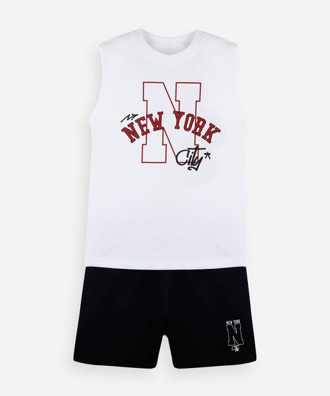 conjunto infantil masculino de regata e bermuda em algodão com estampa new york off white