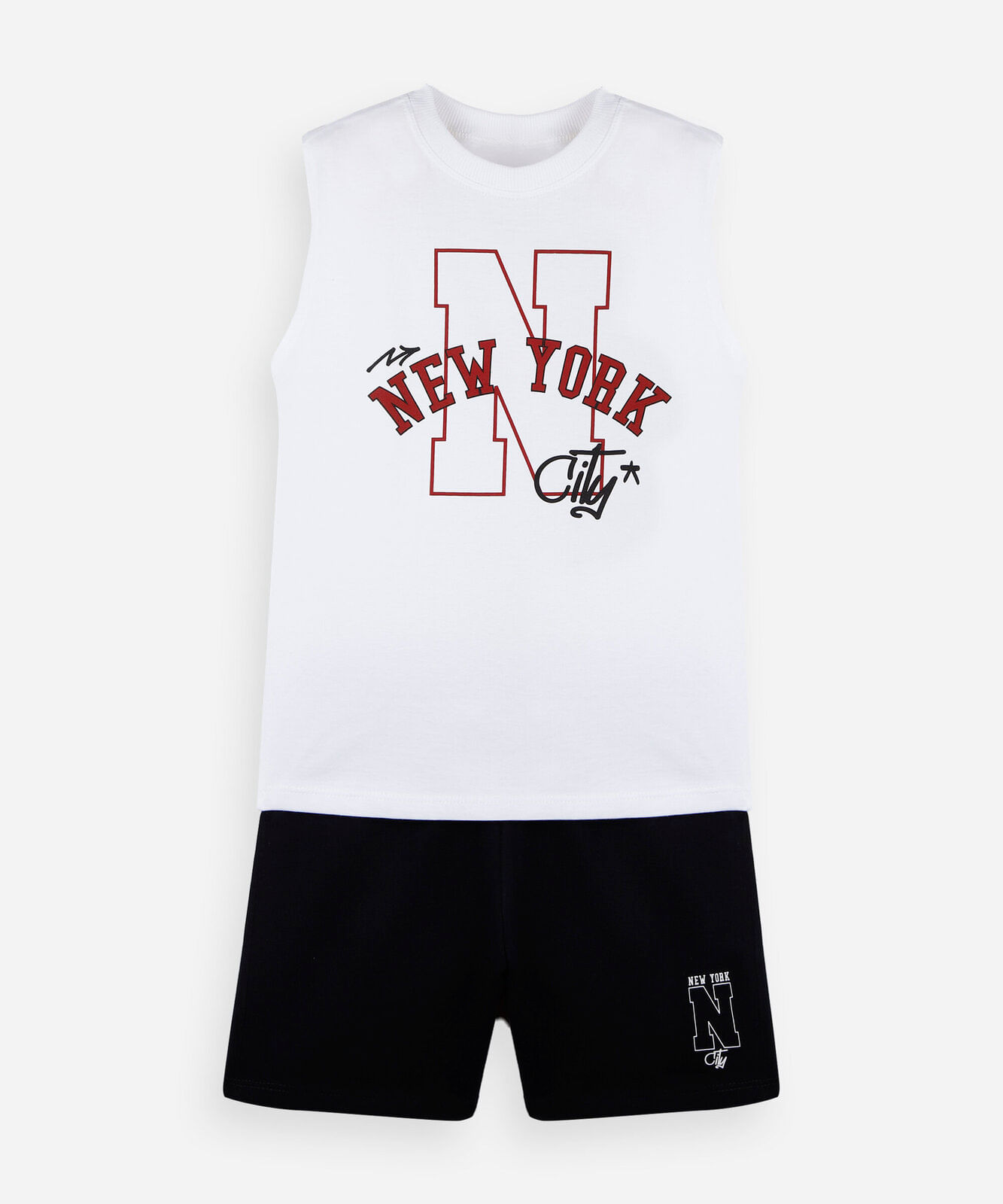 conjunto infantil masculino de regata e bermuda em algodão com estampa new york off white