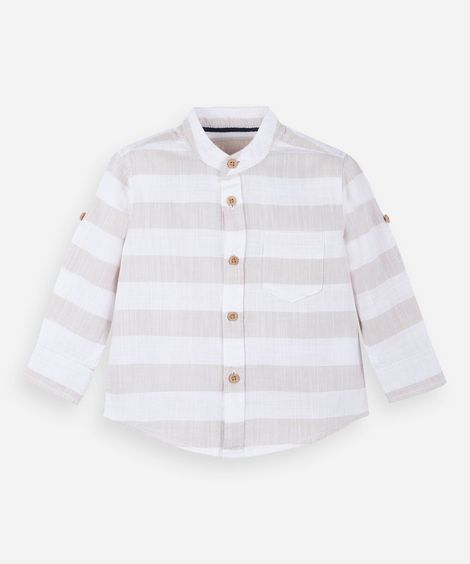 camisa infantil de algodão gola padre listrada bege