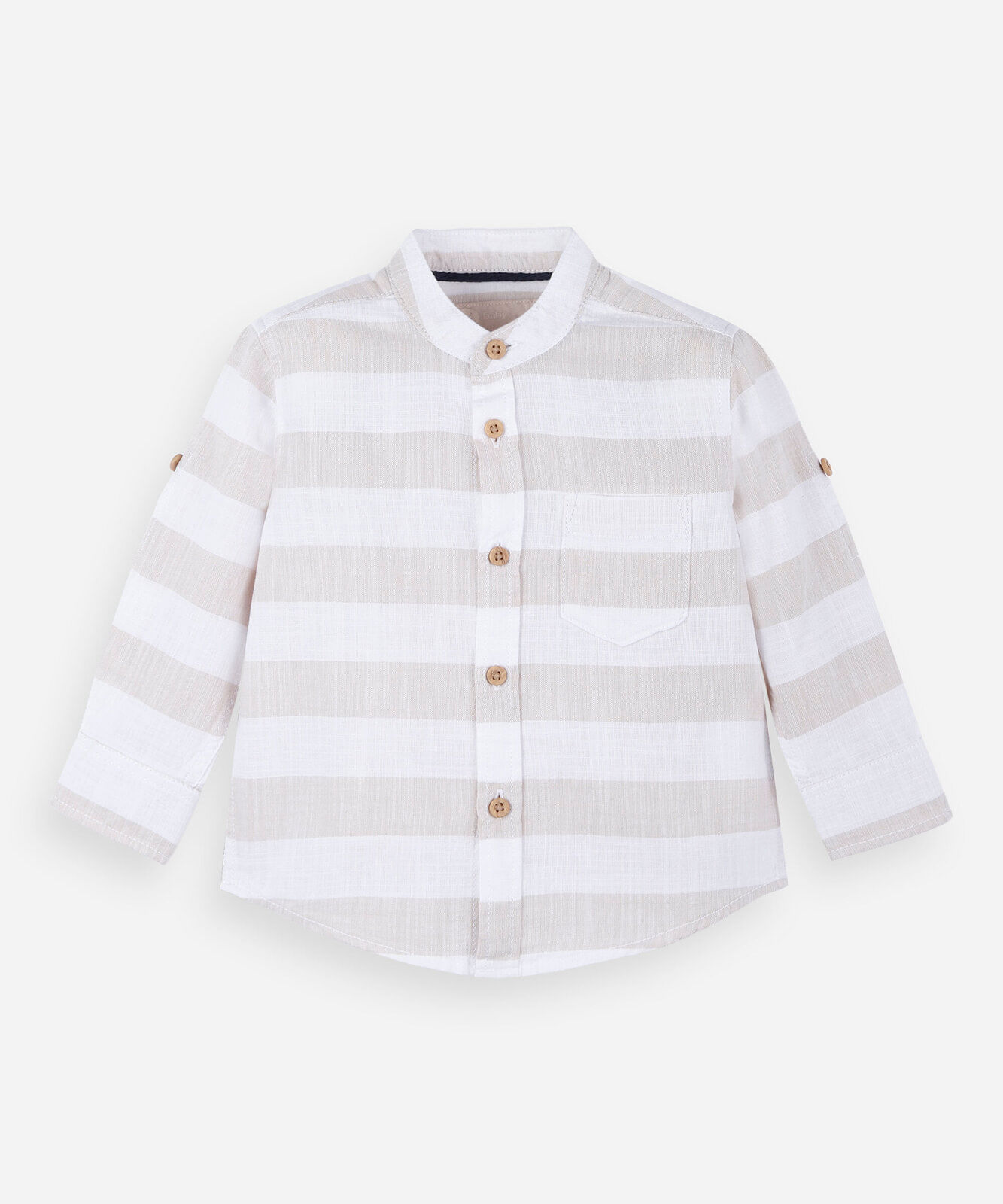 camisa infantil de algodão gola padre listrada bege