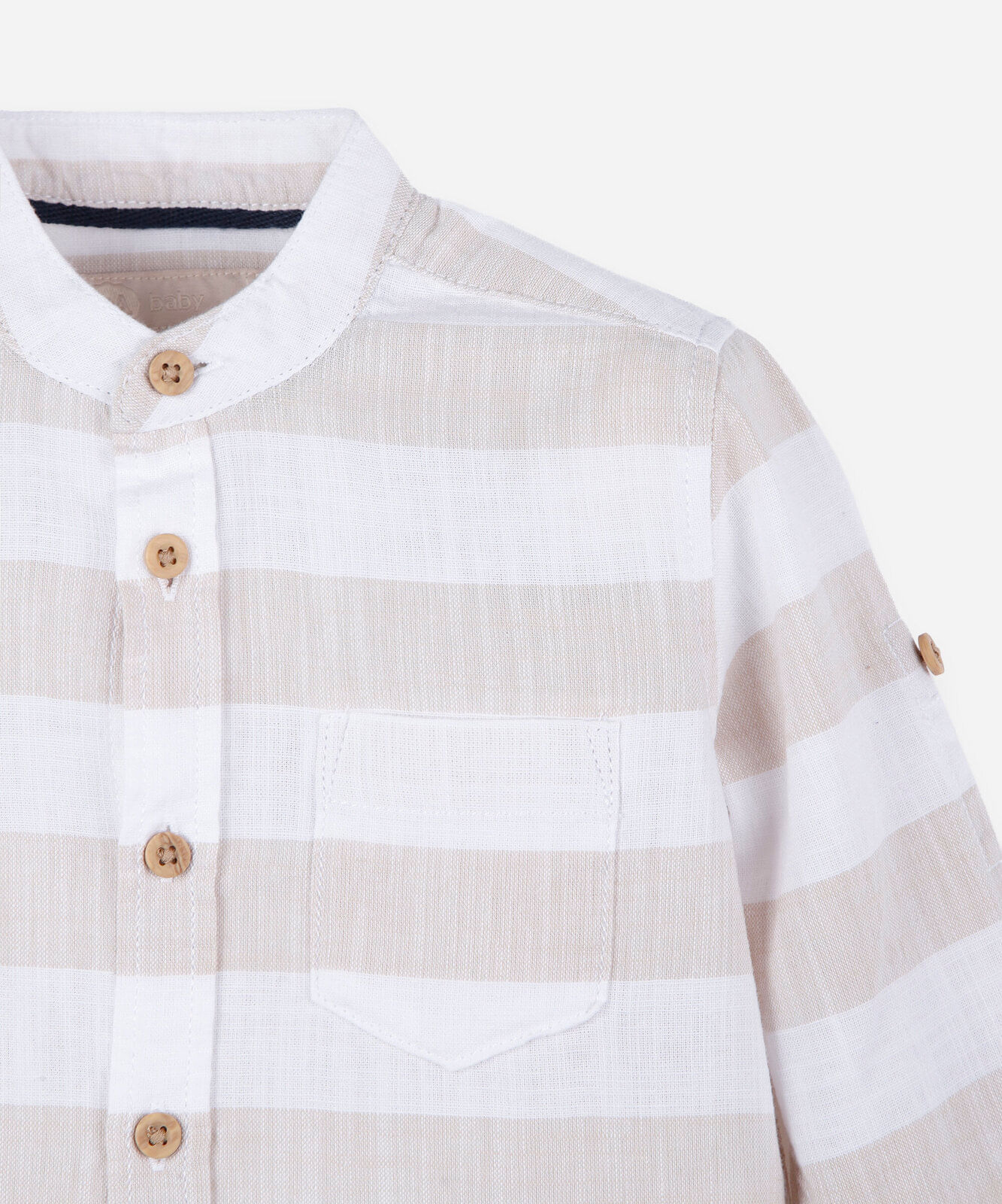 camisa infantil de algodão gola padre listrada bege
