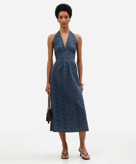 vestido midi feminino frente única de laise texturizado azul