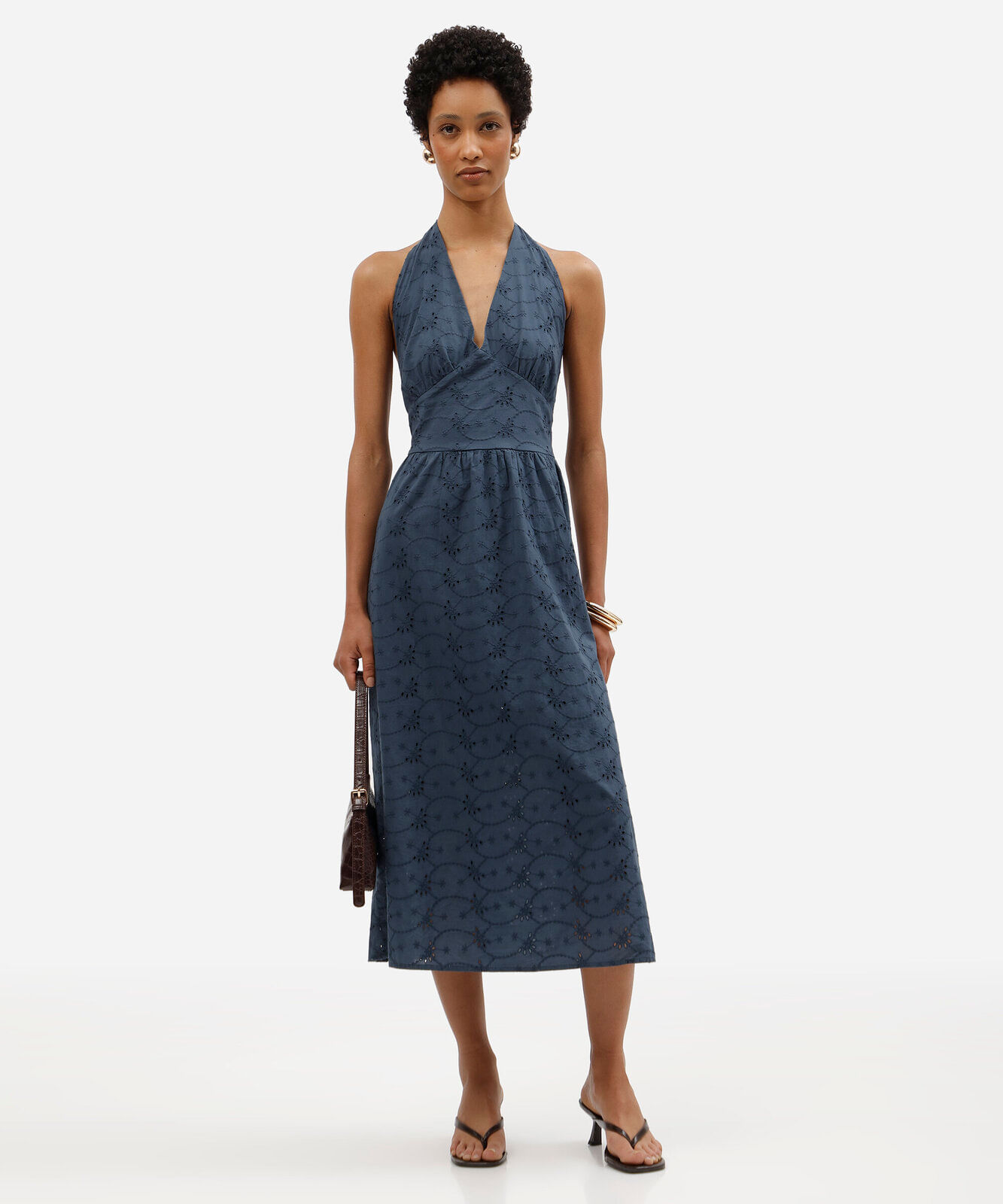 vestido midi feminino frente única de laise texturizado azul