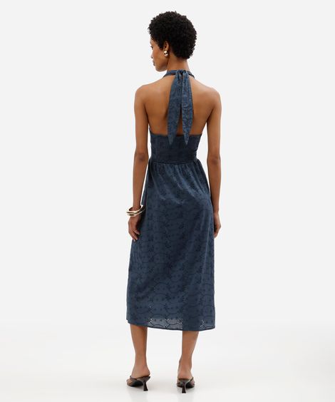 vestido midi feminino frente única de laise texturizado azul