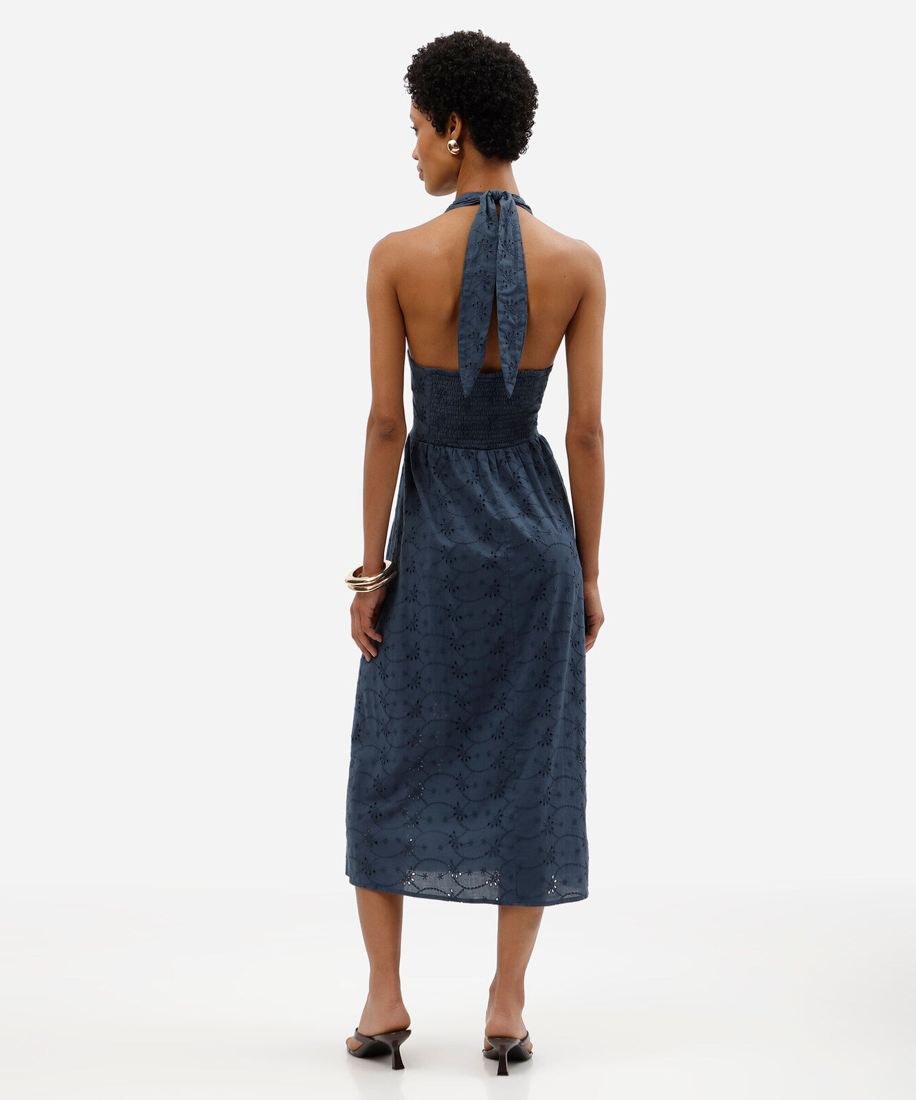 vestido midi feminino frente única de laise texturizado azul