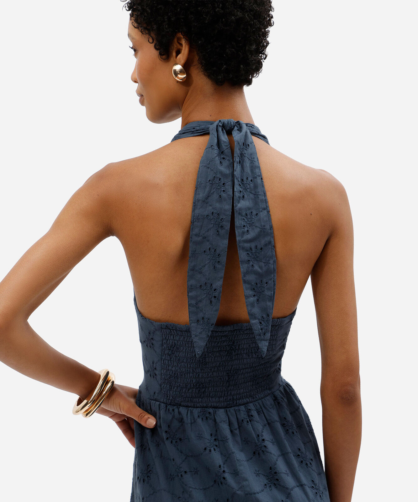 vestido midi feminino frente única de laise texturizado azul