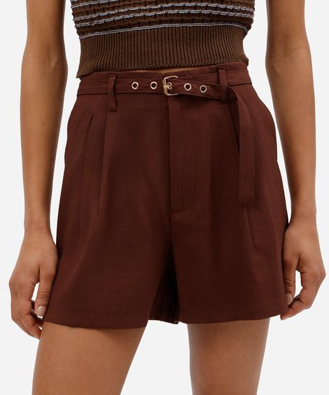short de alfaiataria feminino com viscose e cinto marrom