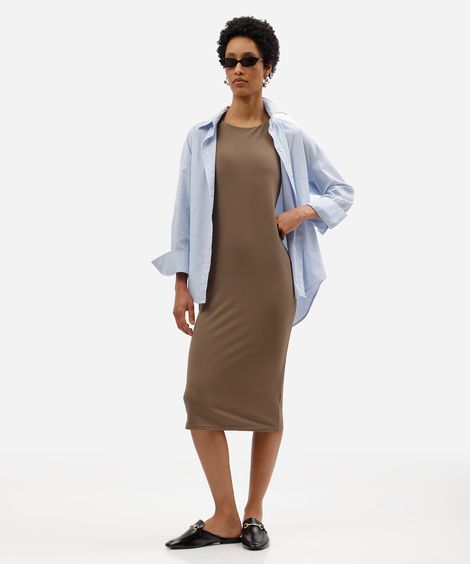 vestido midi feminino básico de poliamida com bojo removível marrom