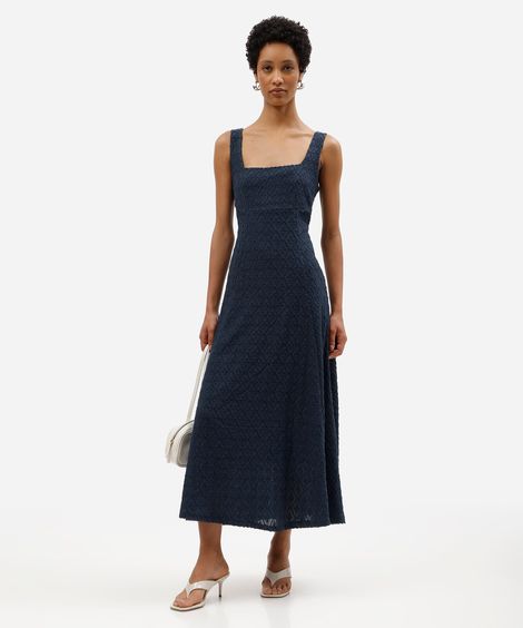 vestido midi feminino godê de laise texturizado azul