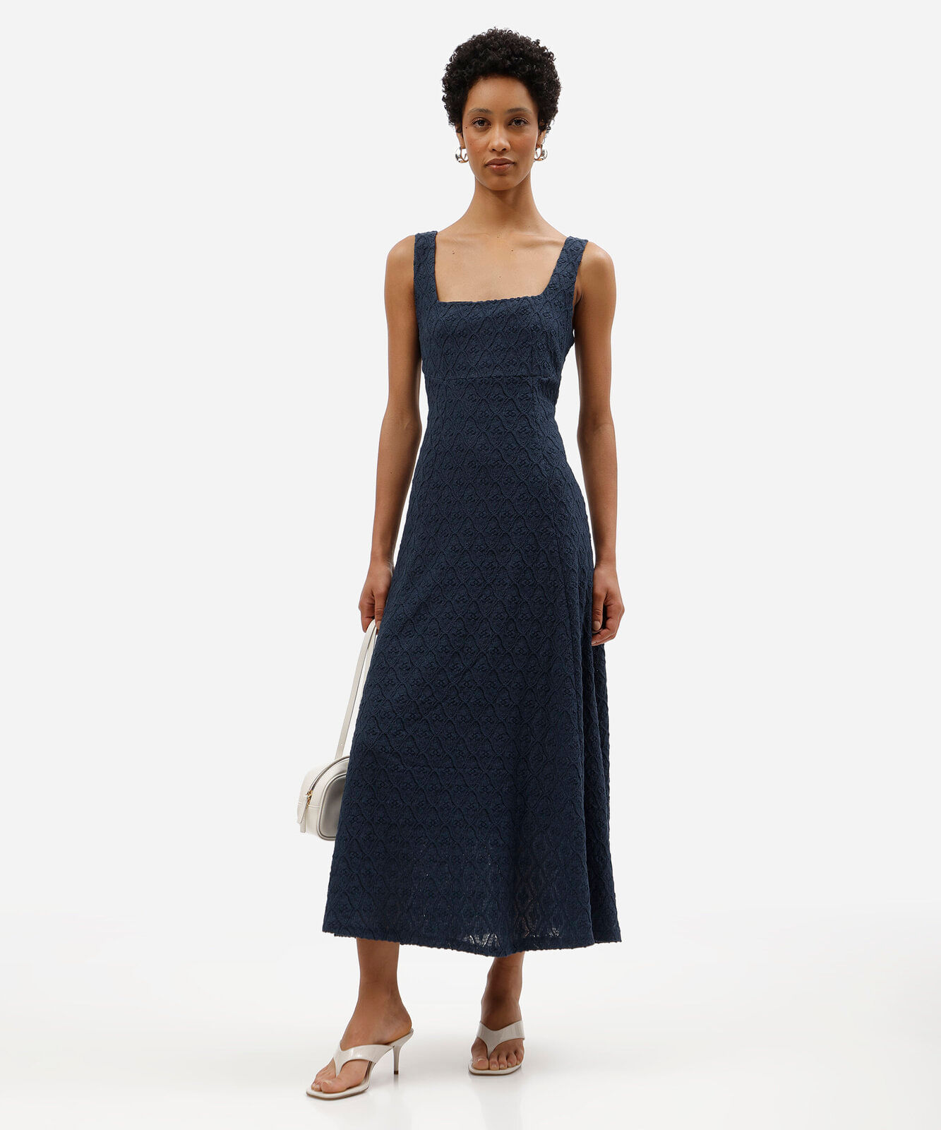 vestido midi feminino godê de laise texturizado azul