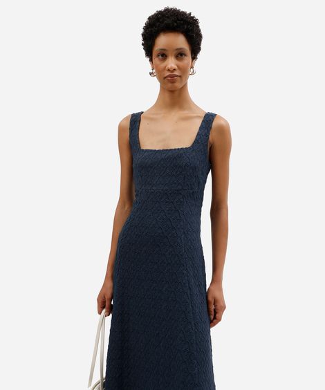 vestido midi feminino godê de laise texturizado azul