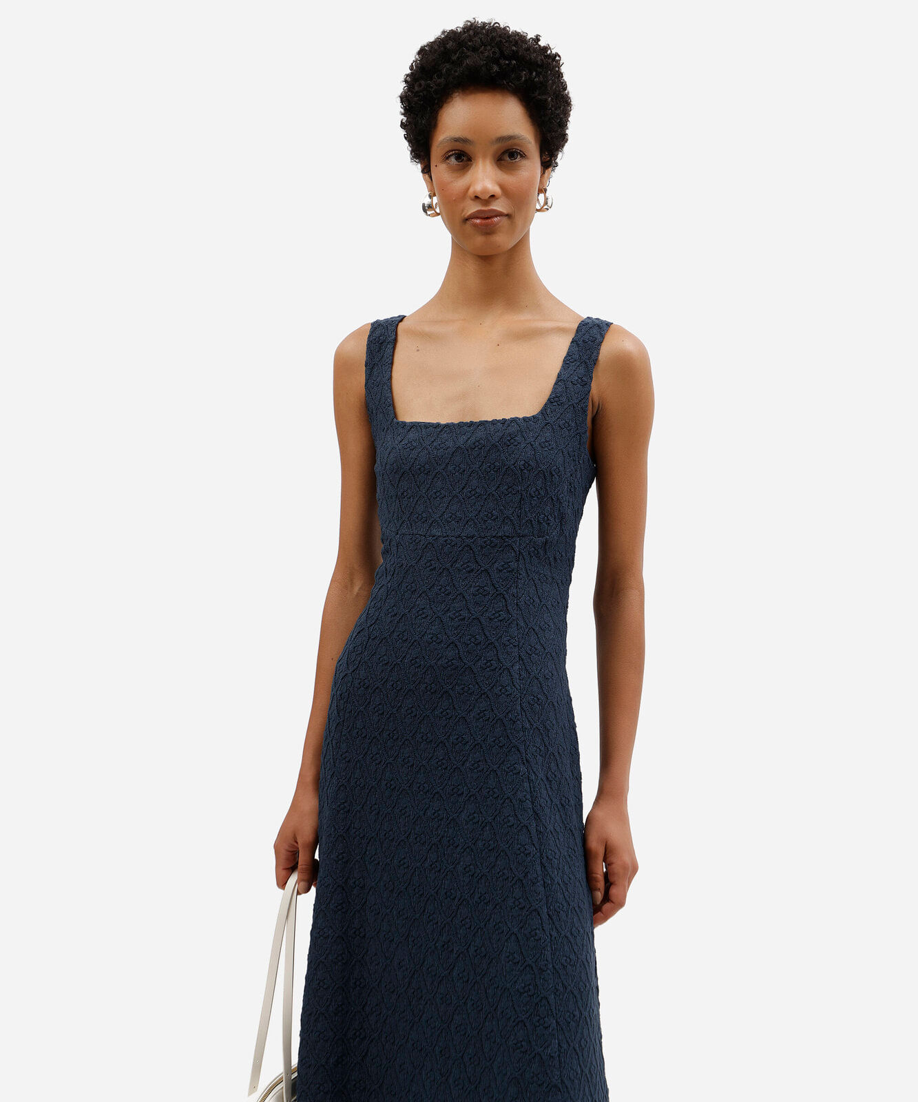 vestido midi feminino godê de laise texturizado azul