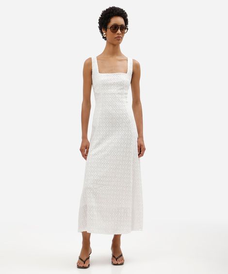 vestido midi feminino godê de laise texturizado off white
