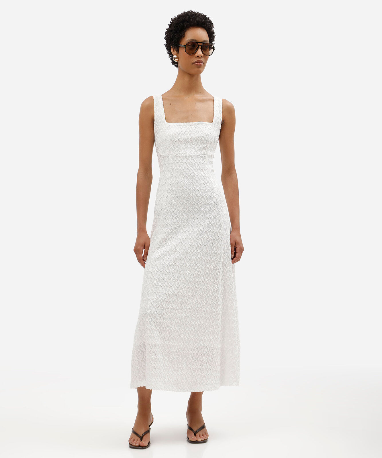 vestido midi feminino godê de laise texturizado off white