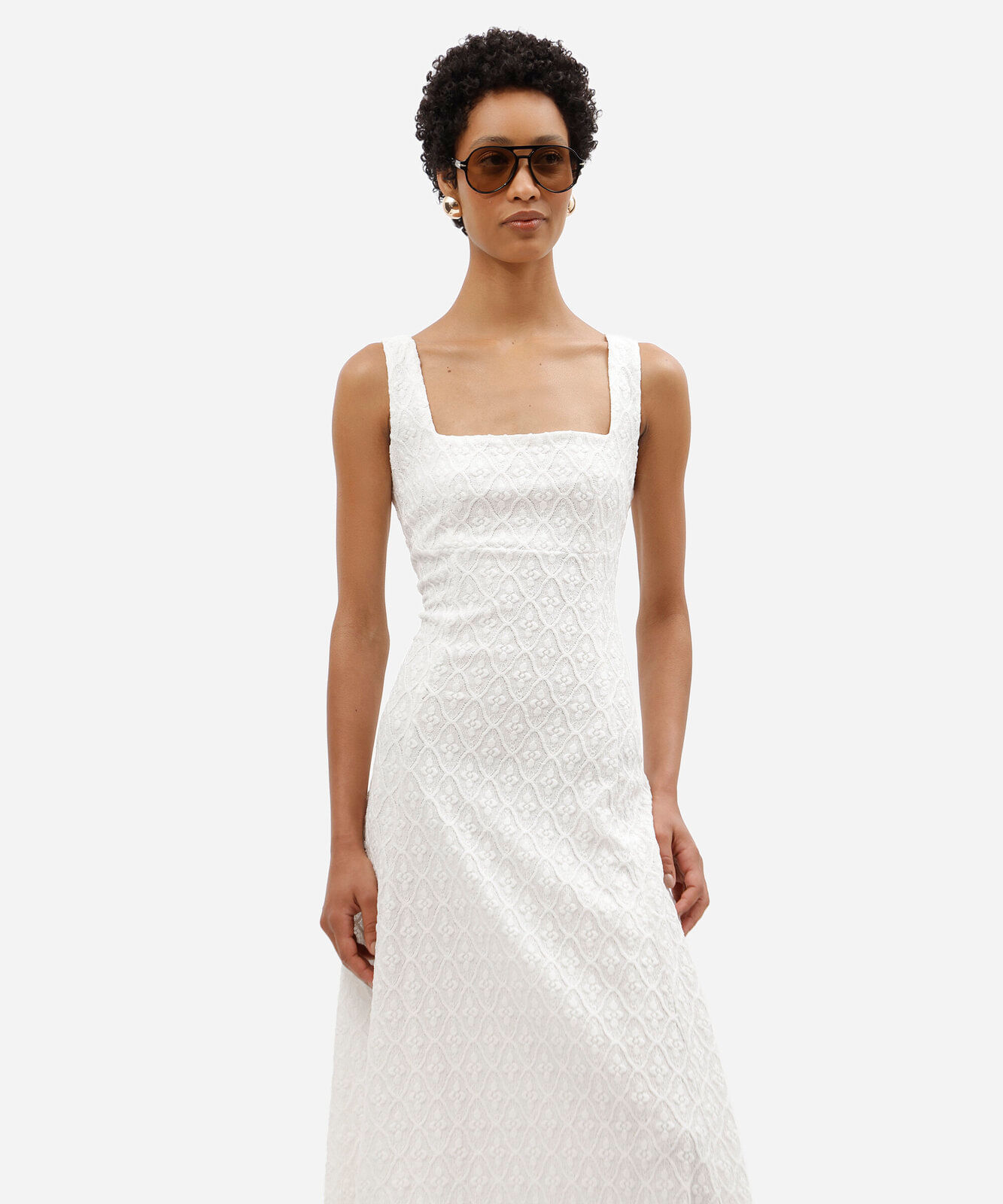 vestido midi feminino godê de laise texturizado off white