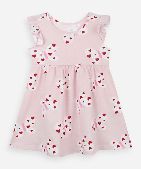 vestido infantil menina em algodão com estampa de borboletas e babados rosa