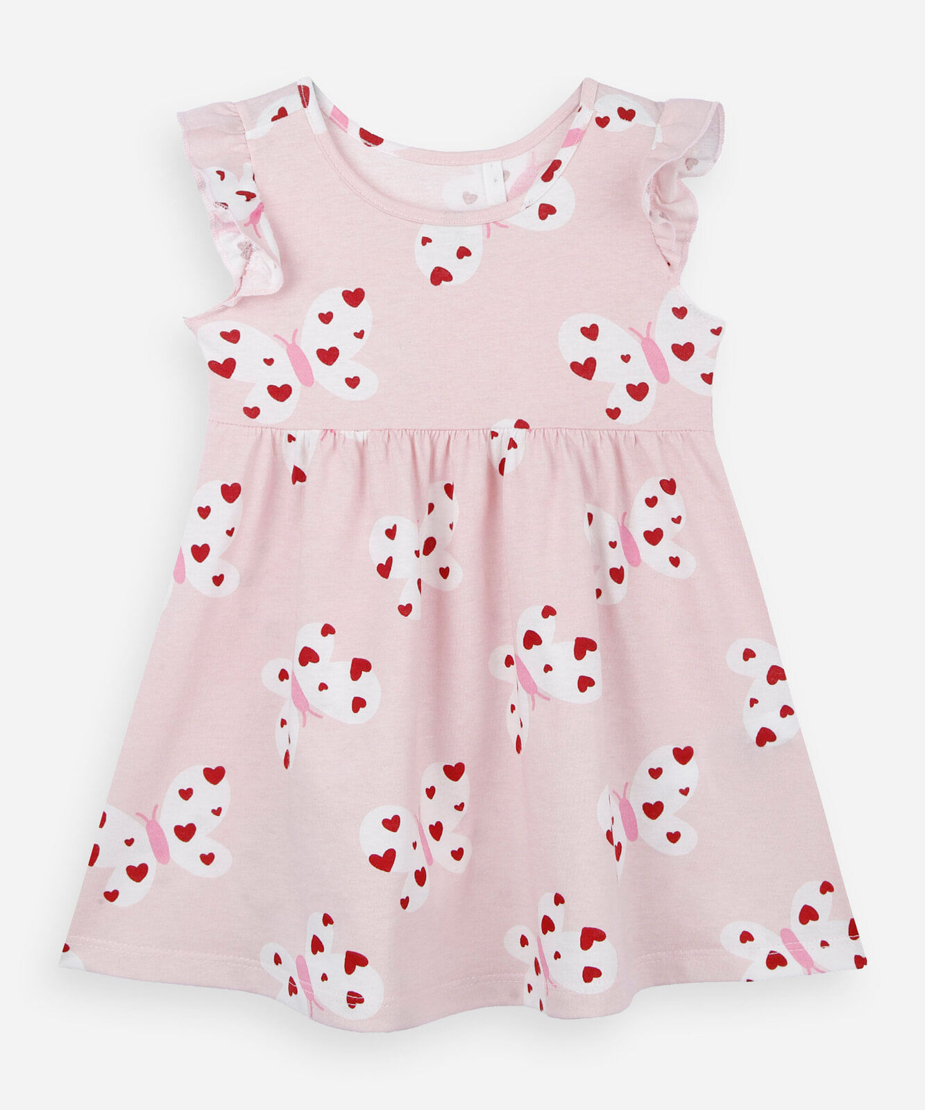 vestido infantil menina em algodão com estampa de borboletas e babados rosa