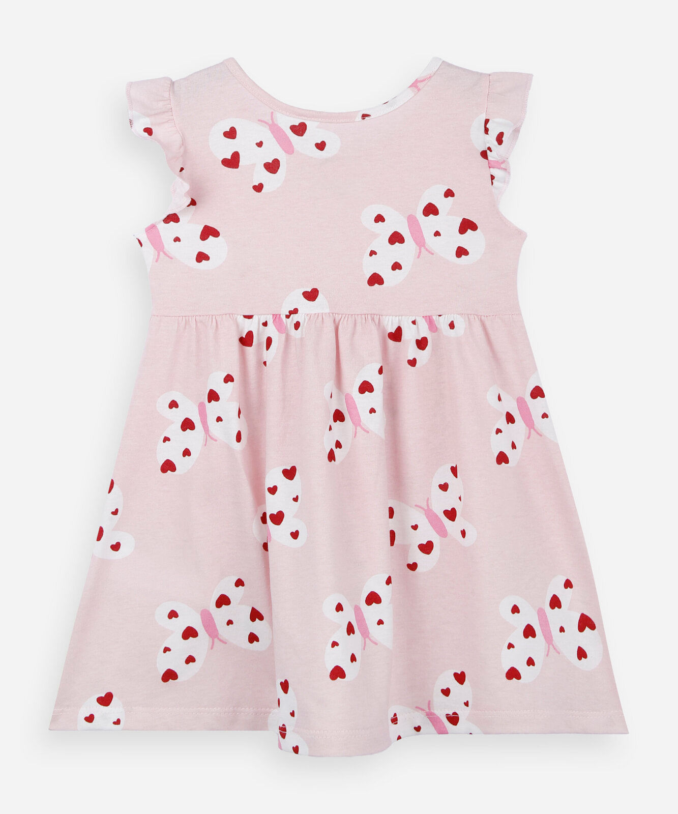 vestido infantil menina em algodão com estampa de borboletas e babados rosa