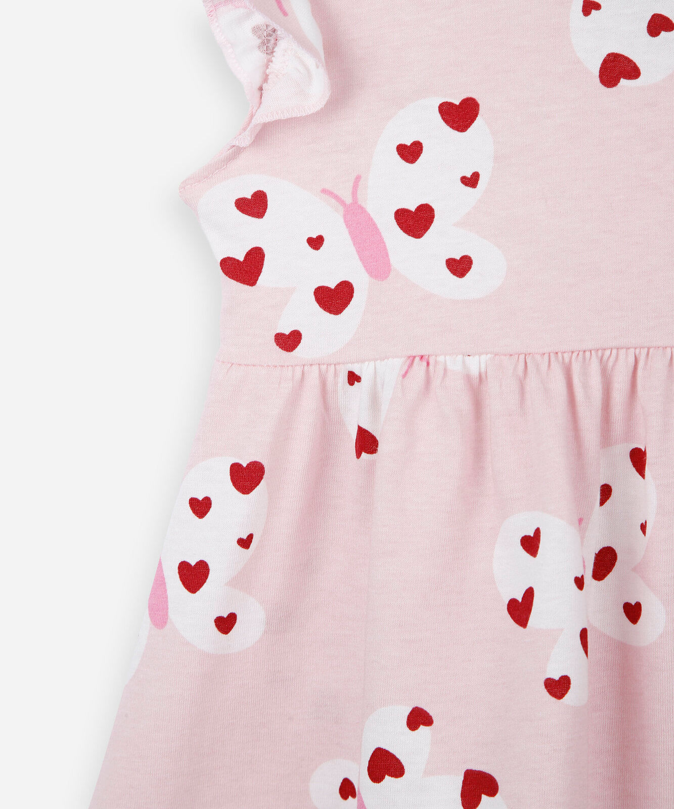 vestido infantil menina em algodão com estampa de borboletas e babados rosa