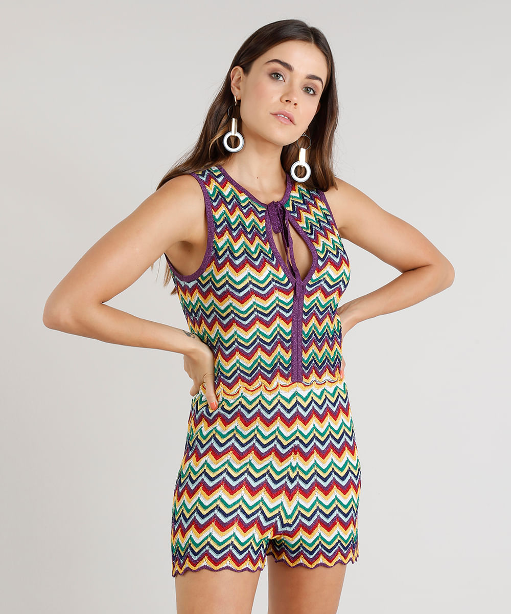 Macaquinho Feminino Missoni com Lurex em Tricô Estampado Chevron Roxo