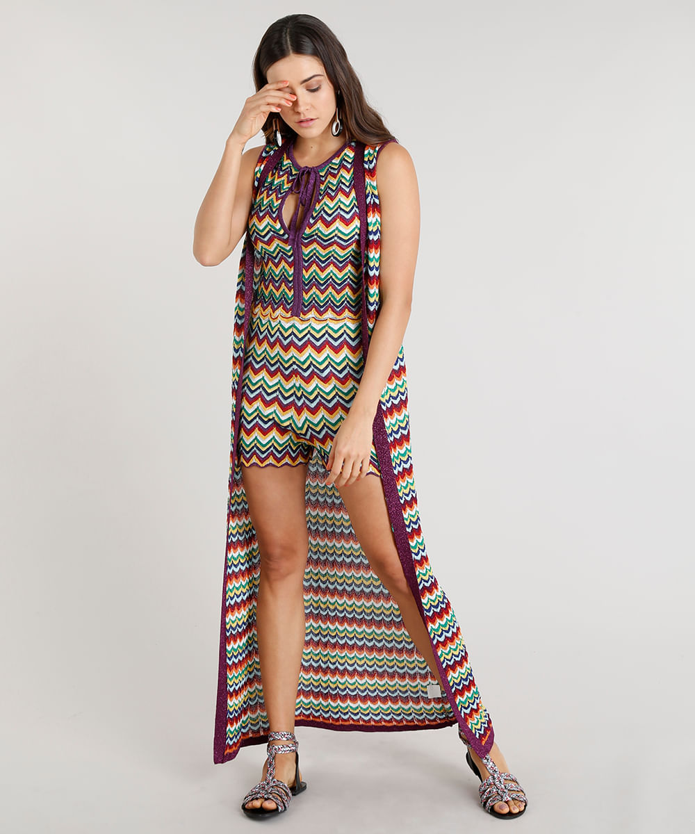 Macaquinho Feminino Missoni com Lurex em Tricô Estampado Chevron Roxo