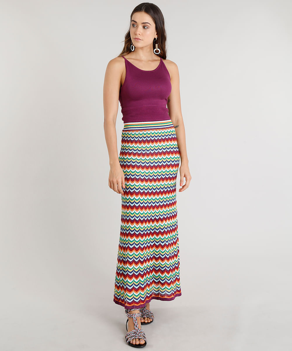 Saia Feminina Longa Missoni com Lurex em Tricô Estampado Chevron Roxa