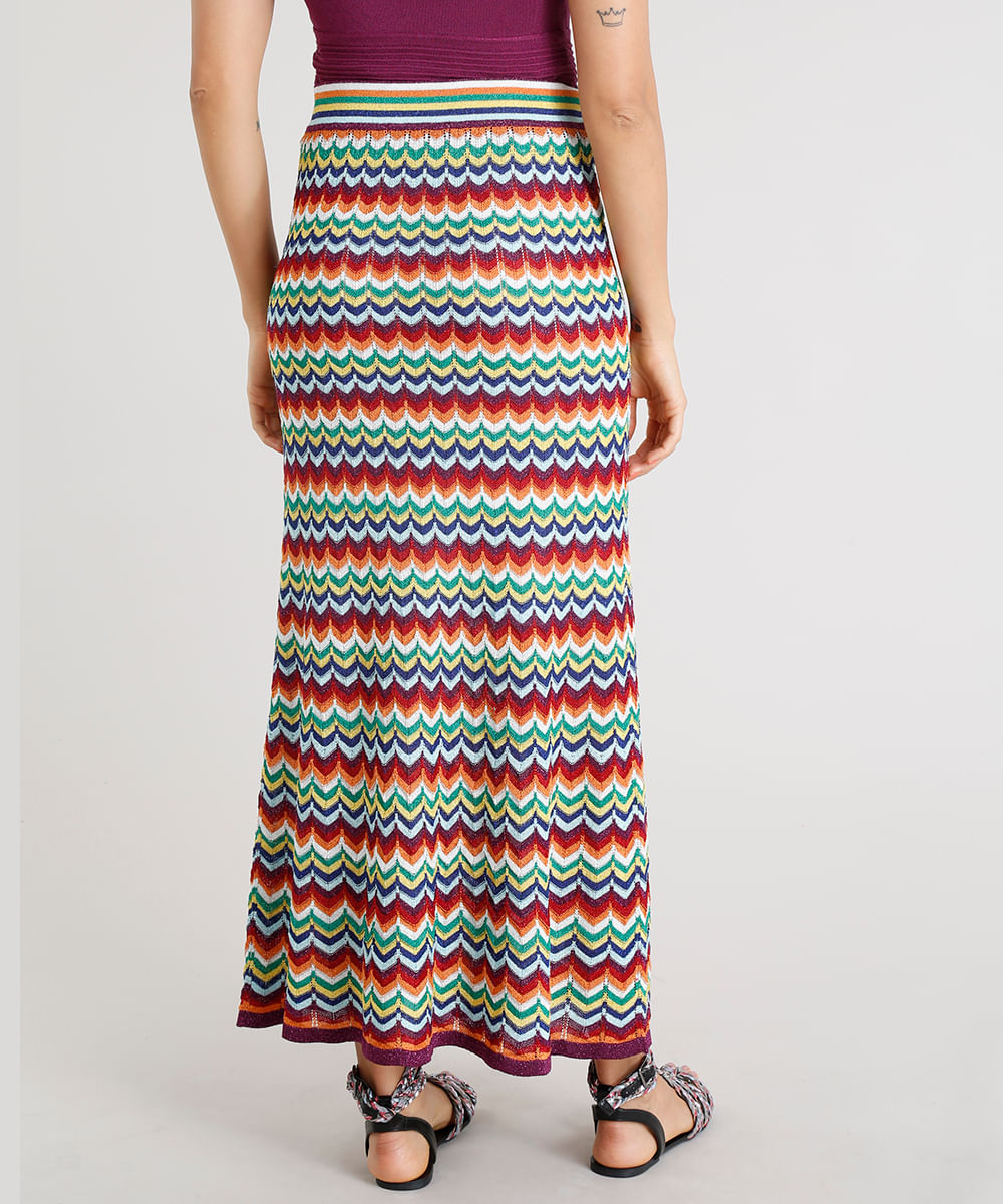 Saia Feminina Longa Missoni com Lurex em Tricô Estampado Chevron Roxa