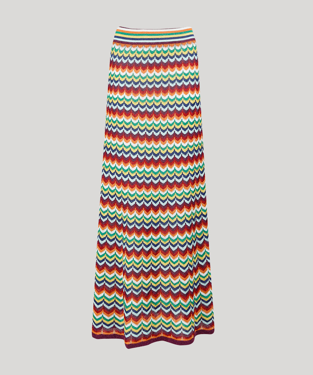 Saia Feminina Longa Missoni com Lurex em Tricô Estampado Chevron Roxa