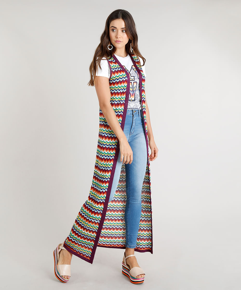 Capa Feminina Longa Missoni com Lurex em Tricô Estampada Chevron Roxa