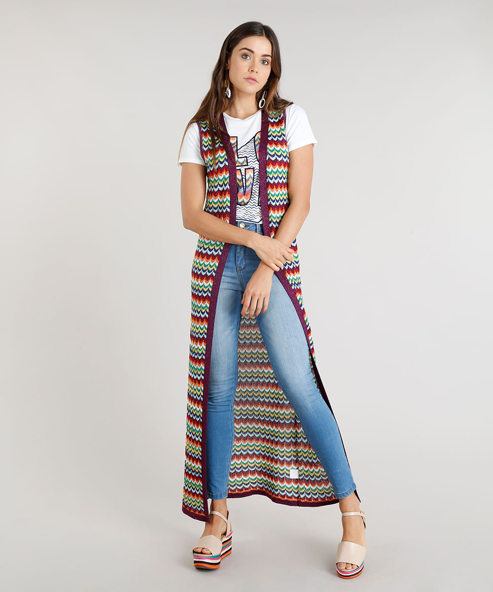 Capa Feminina Longa Missoni com Lurex em Tricô Estampada Chevron Roxa