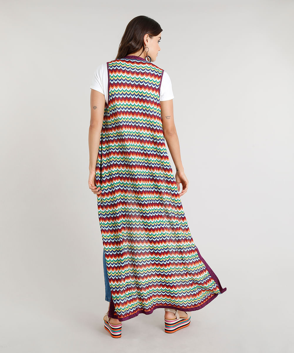 Capa Feminina Longa Missoni com Lurex em Tricô Estampada Chevron Roxa