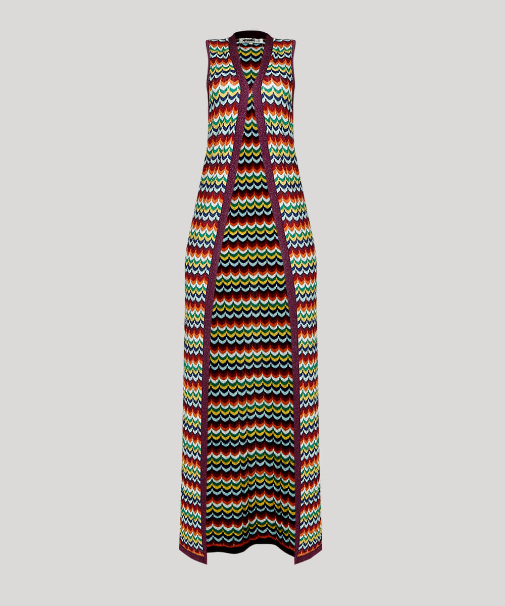 Capa Feminina Longa Missoni com Lurex em Tricô Estampada Chevron Roxa