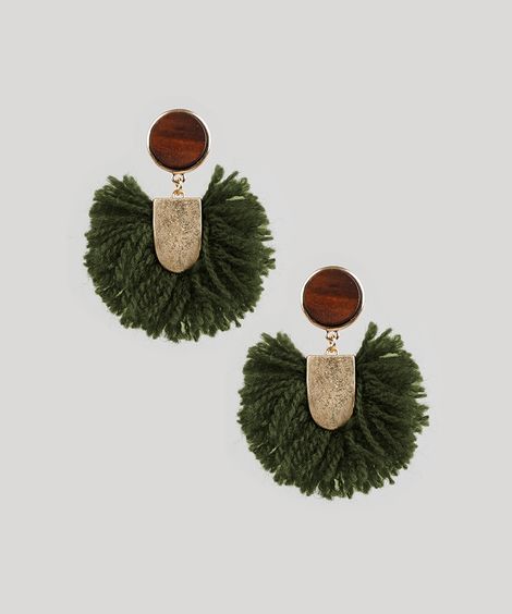 Brinco Feminino Água de Coco Madeira com Tassel Verde Escuro